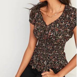 NWT Puff-Sleeve Floral-Print Smocked Peplum Blouse